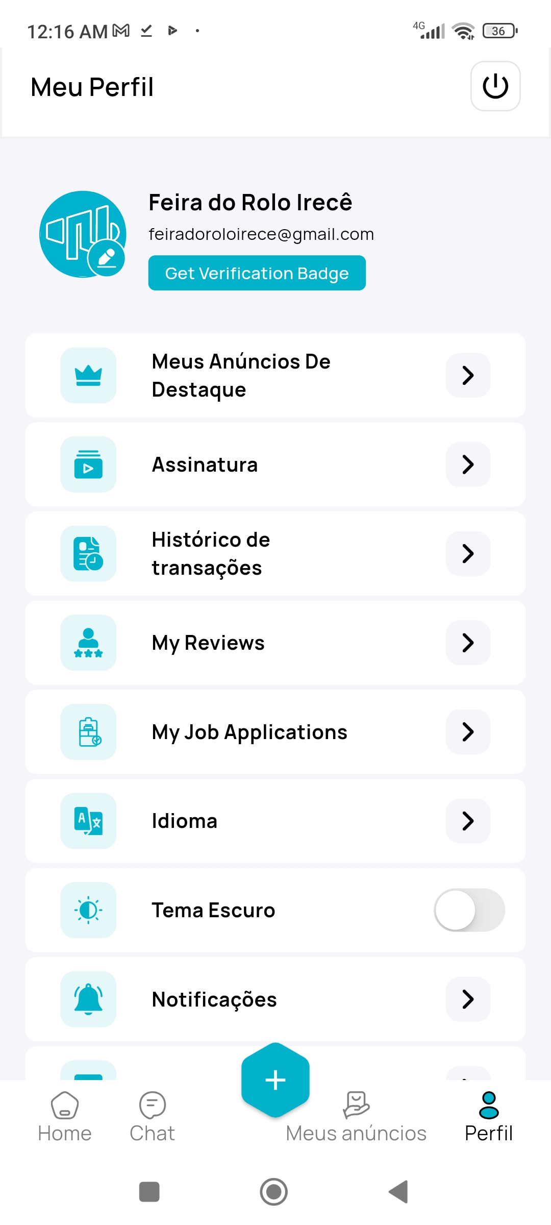 Página do menu do usuário