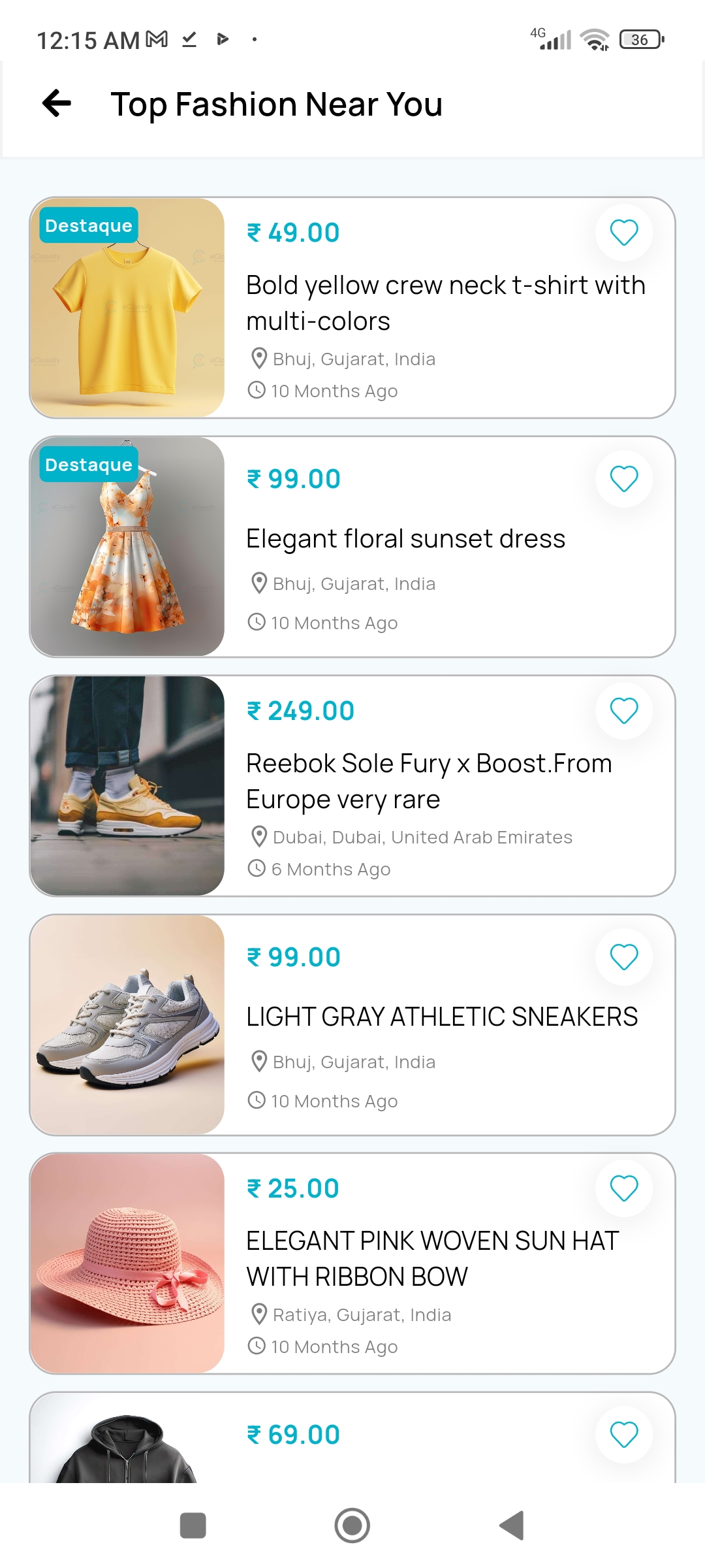 Página da categoria fashion do aplicativo